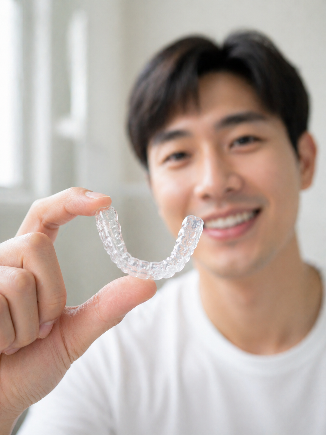 ผู้ชายถือรีเทนเนอร์ใส ใช้ป้องกันฟันล้มหลังจัดฟัน